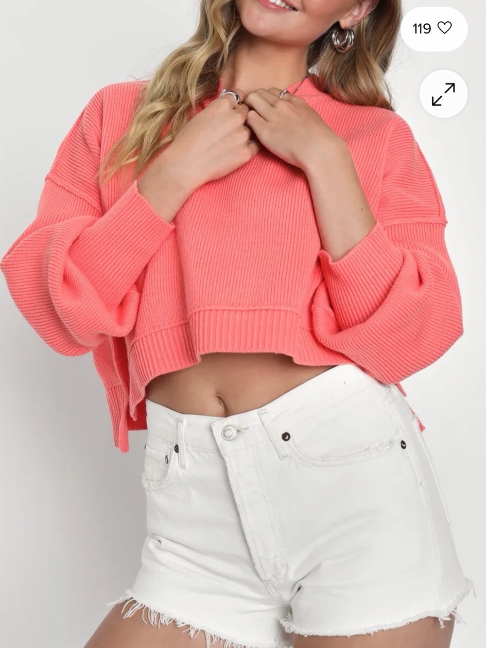 Free People Easy Street Cropped Pullover Sweater Coral Pink Ribbed Knit